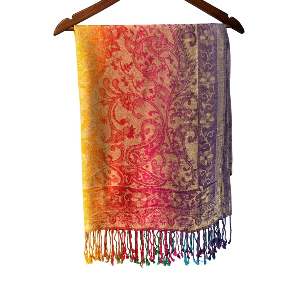 Pashmina Rainbow Paisley Floral Jacquard Shawl Wrap Scarf with Fringe Trim